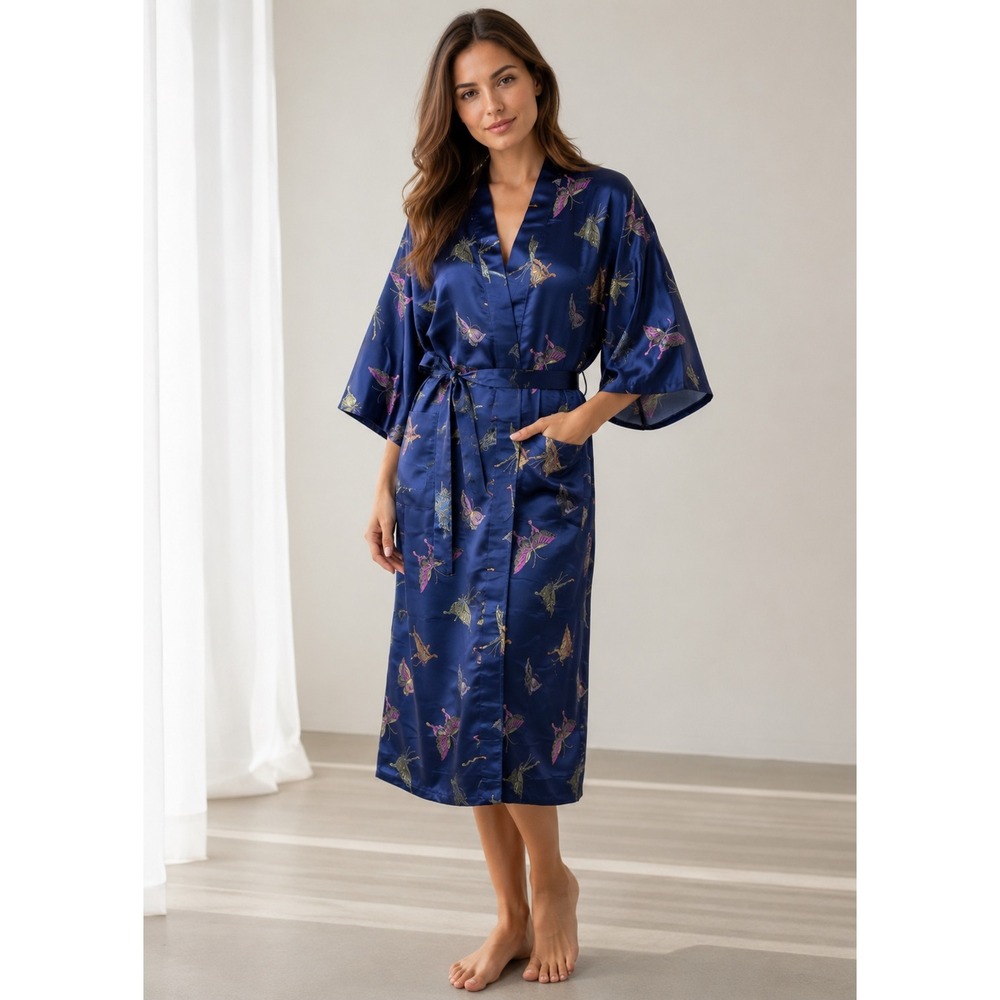 Golden Dragon Reversible Butterfly Kimono Robe Blue Striped Satin Womens Medium